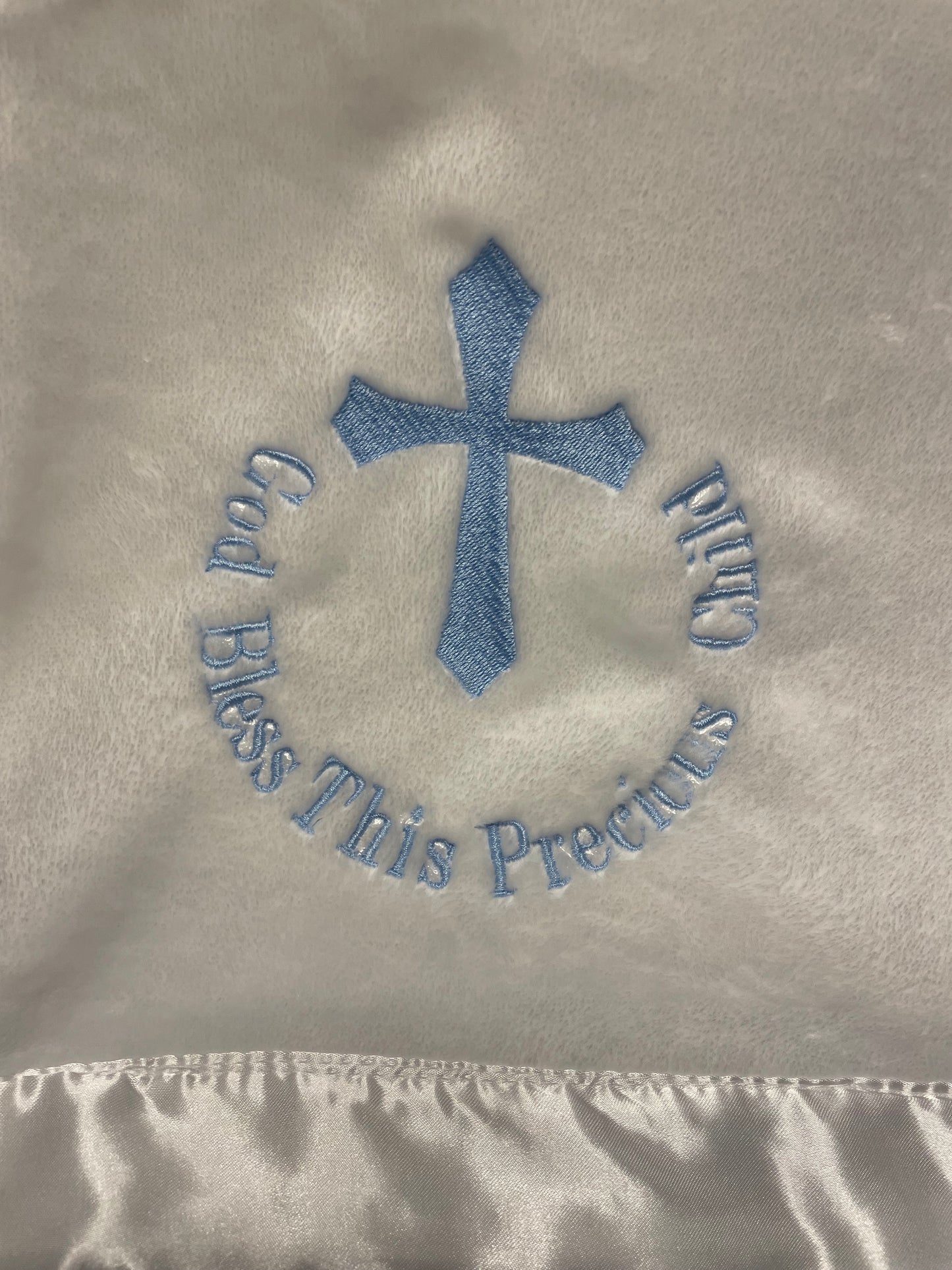 "Precious Child" White Satin-Trimmed Baby Blanket