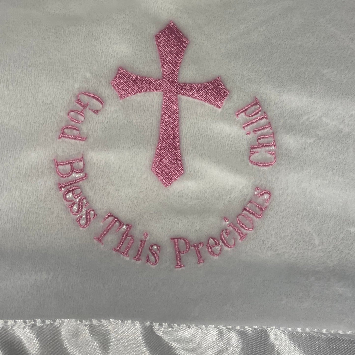 "Precious Child" White Satin-Trimmed Baby Blanket