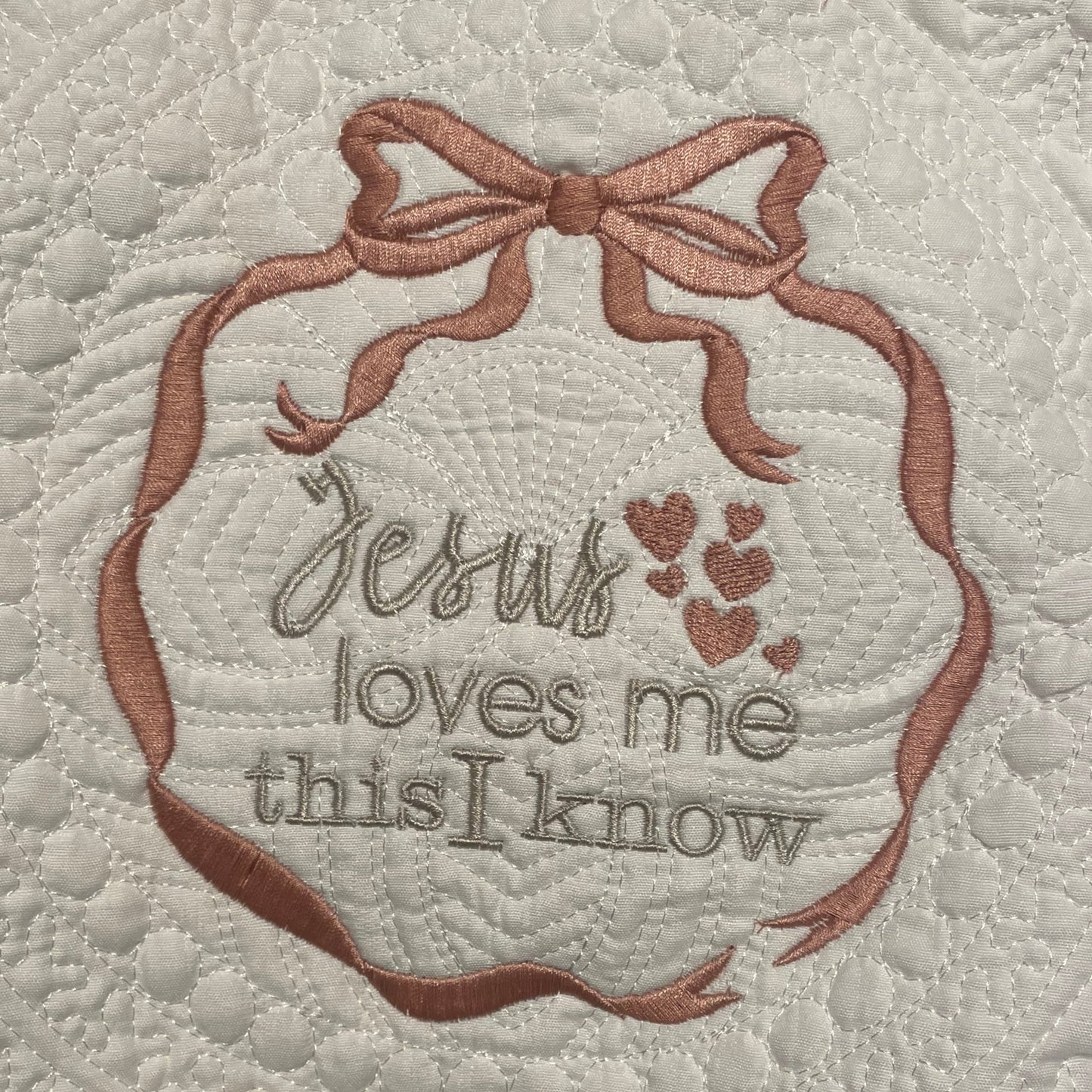 "Jesus Loves Me" Bow White Baby Blanket