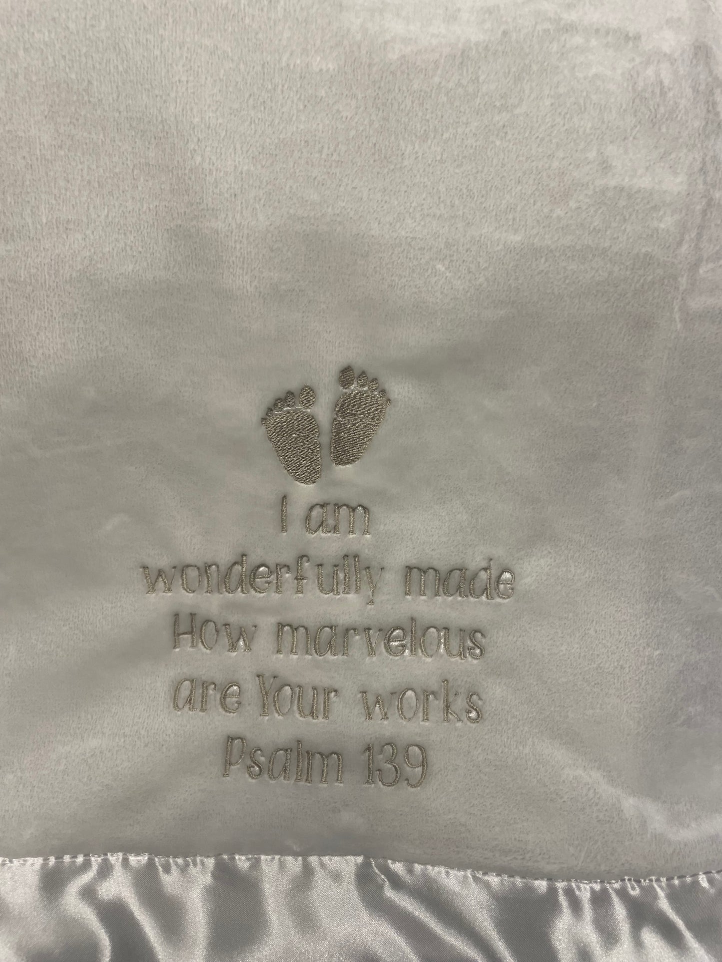 "Wonderfully Made" White Satin-Trimmed Baby Blanket