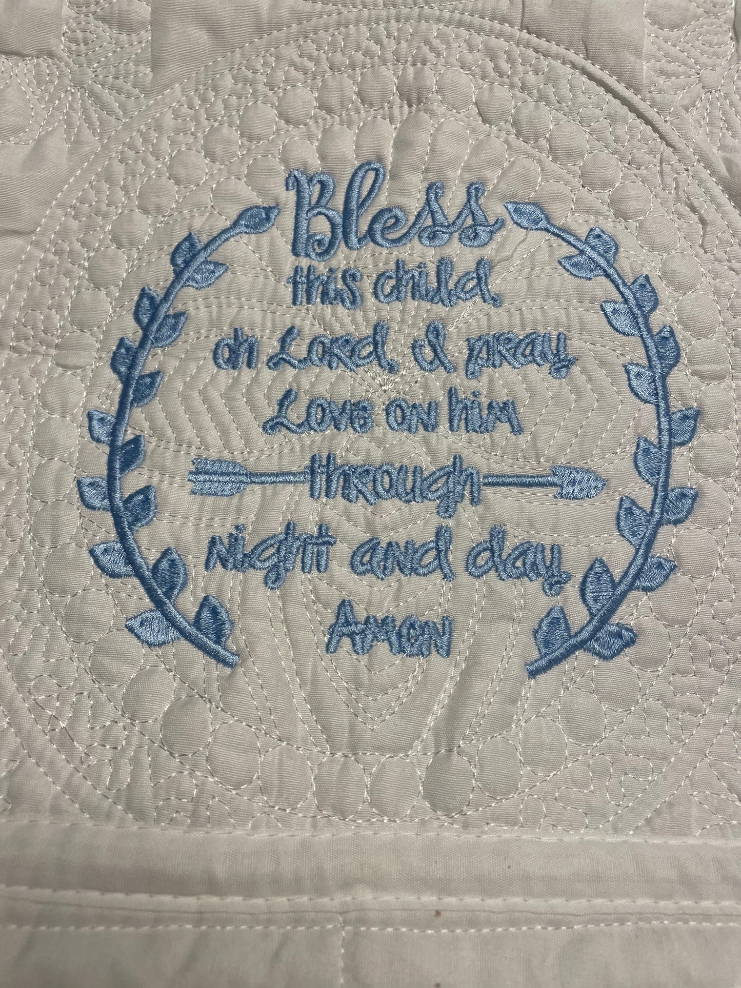 "Bless This Child" Boy White Baby Quilt
