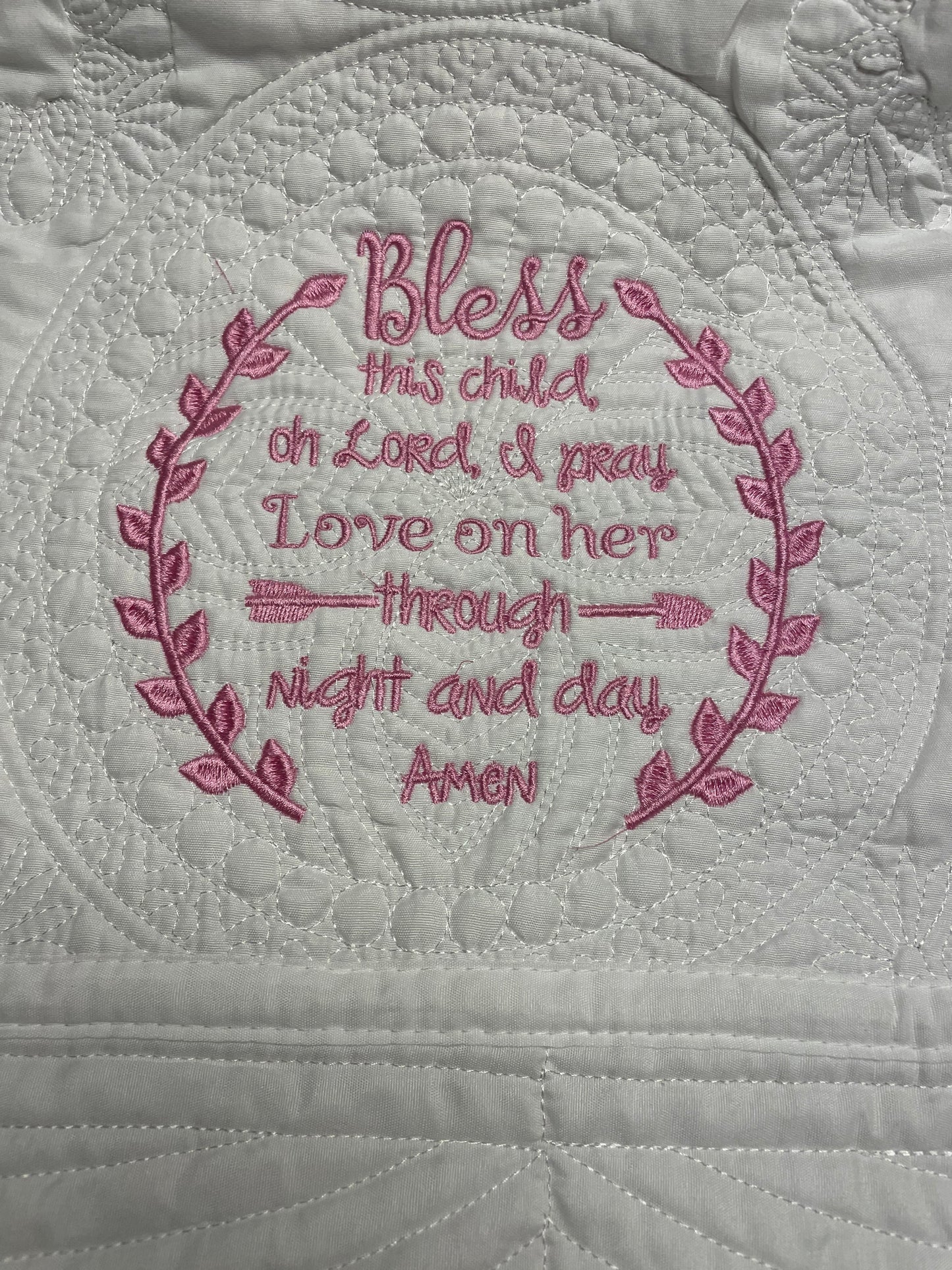 "Bless This Child" Girl White Baby Quilt