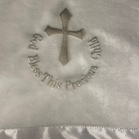 "Precious Child" White Satin-Trimmed Baby Blanket
