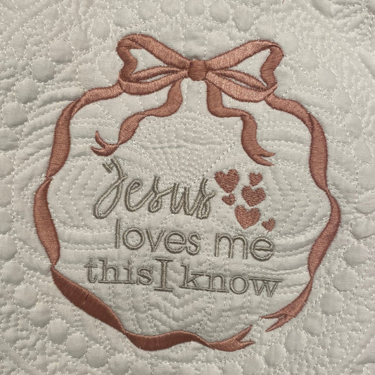"Jesus Loves Me" Bow White Baby Blanket