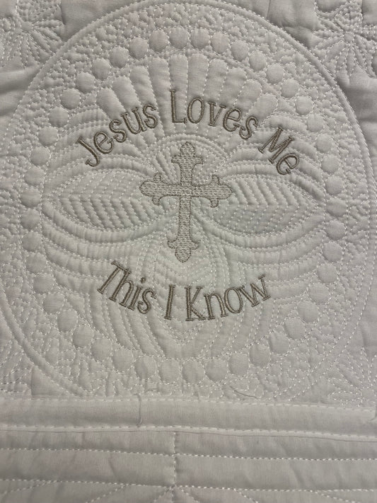 "Jesus Loves Me" White Baby Quilt